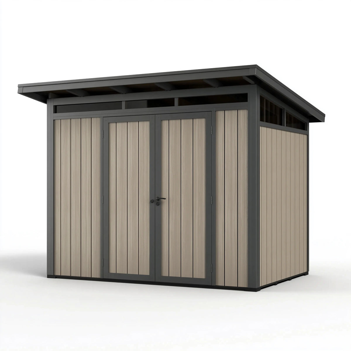 Abri de jardin 300 x 240 x 230 cm en composite beige et anthracite avec double porte