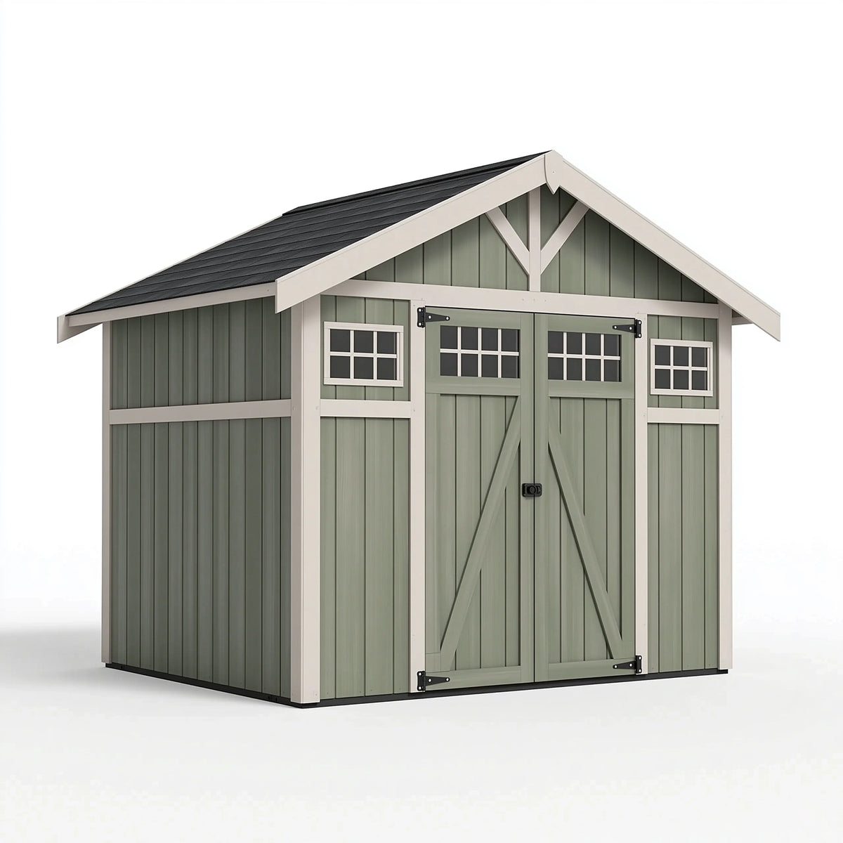 Abri de jardin 300 x 240 x 250 cm en bois vert sauge avec portes doubles style chalet