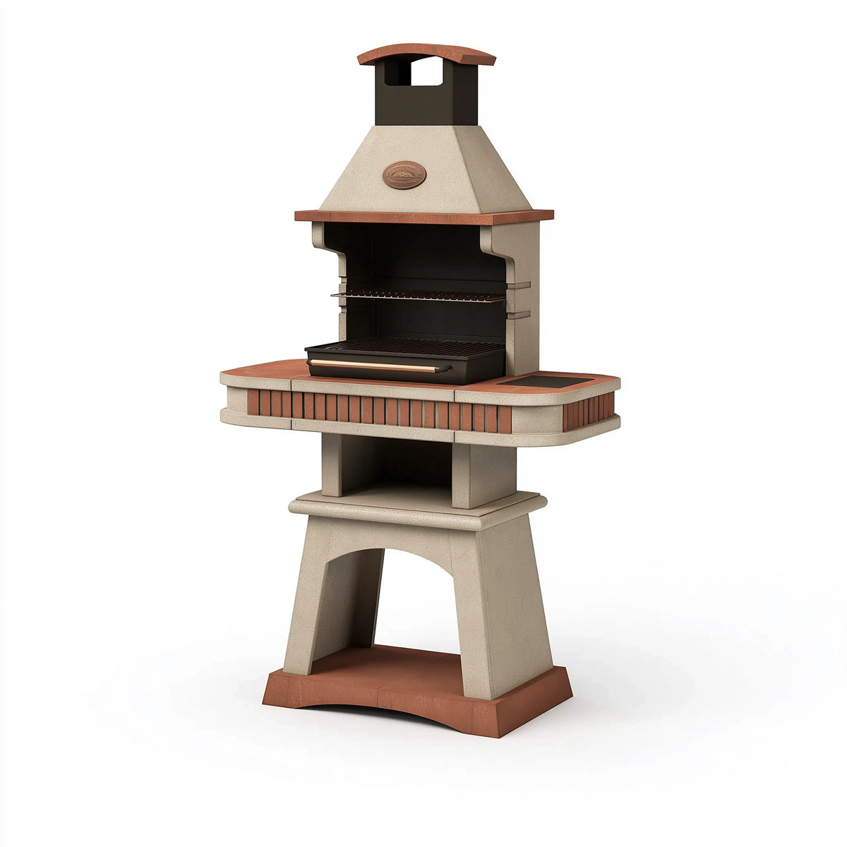 Barbecue de jardin 120 x 70 x 220 cm en béton réfractaire beige et terre cuite avec cheminée