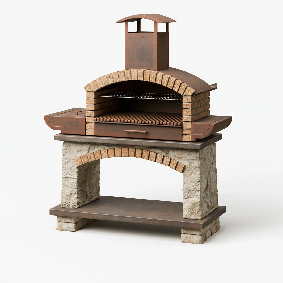 Four barbecue extérieur 160 x 90 x 190 cm en acier et pierre marron beige style rustique avec cheminée