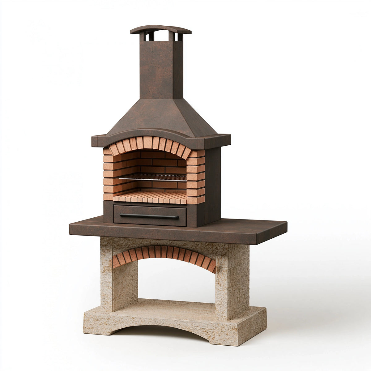 Barbecue de jardin 100 x 70 x 220 cm en métal et briques brun terre cuite avec cheminée