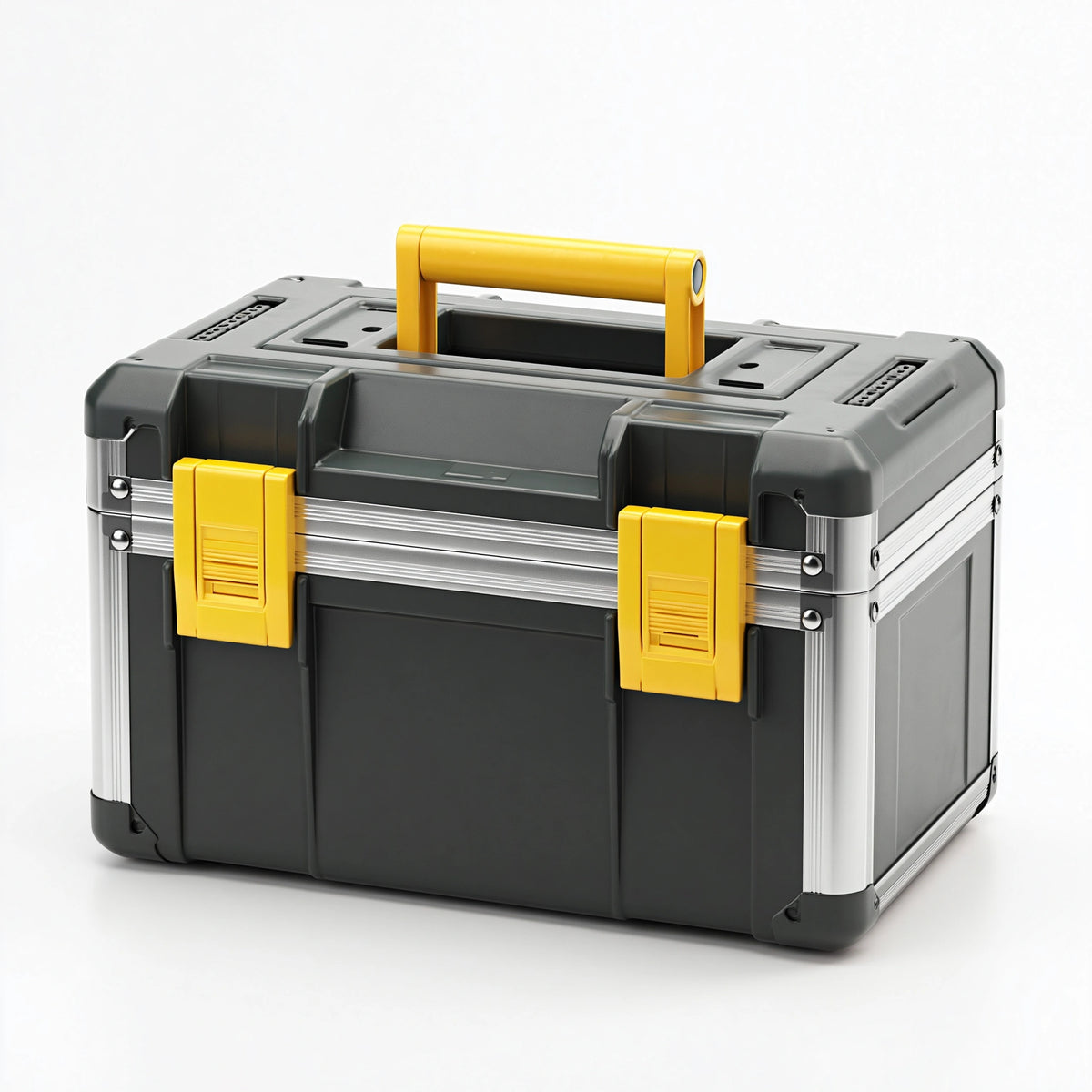 Mallette de rangement 45 x 25 x 32 cm en plastique noir jaune et aluminium avec poignée de transport