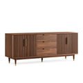 Buffet 180 x 45 x 85 cm en panneaux aspect noyer marron avec 3 tiroirs et 2 portes cannelées