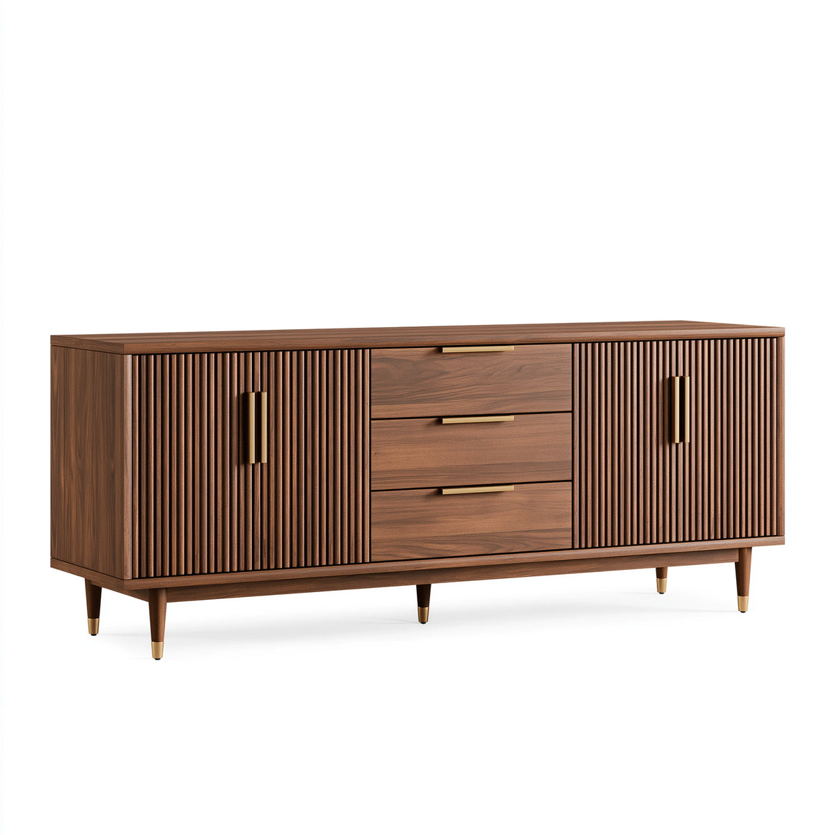 Buffet 180 x 45 x 85 cm en panneaux aspect noyer marron avec 3 tiroirs et 2 portes cannelées