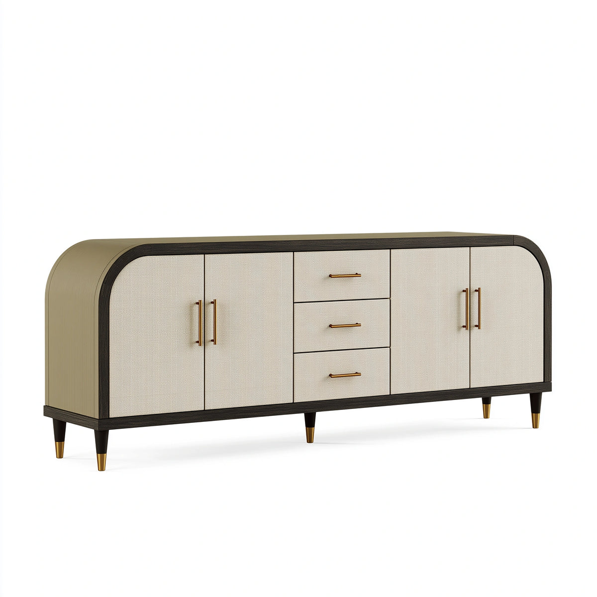 Buffet 180 x 45 x 90 cm en bois beige et noir avec 3 tiroirs et 4 portes style contemporain