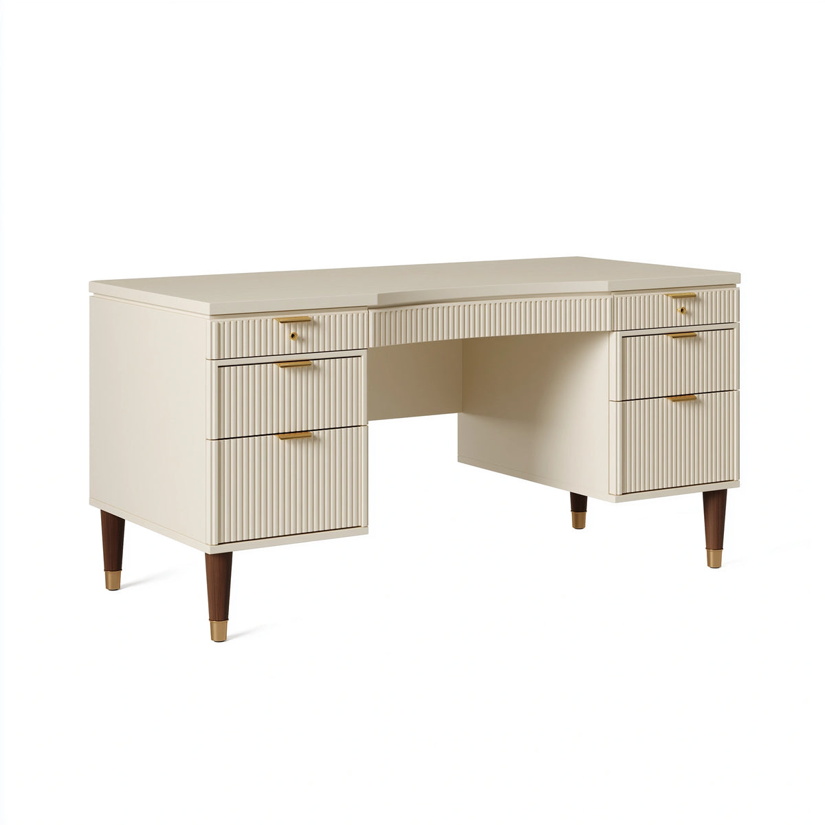Bureau 160 x 60 x 76 cm en bois beige pour chambre style Art déco à 7 tiroirs