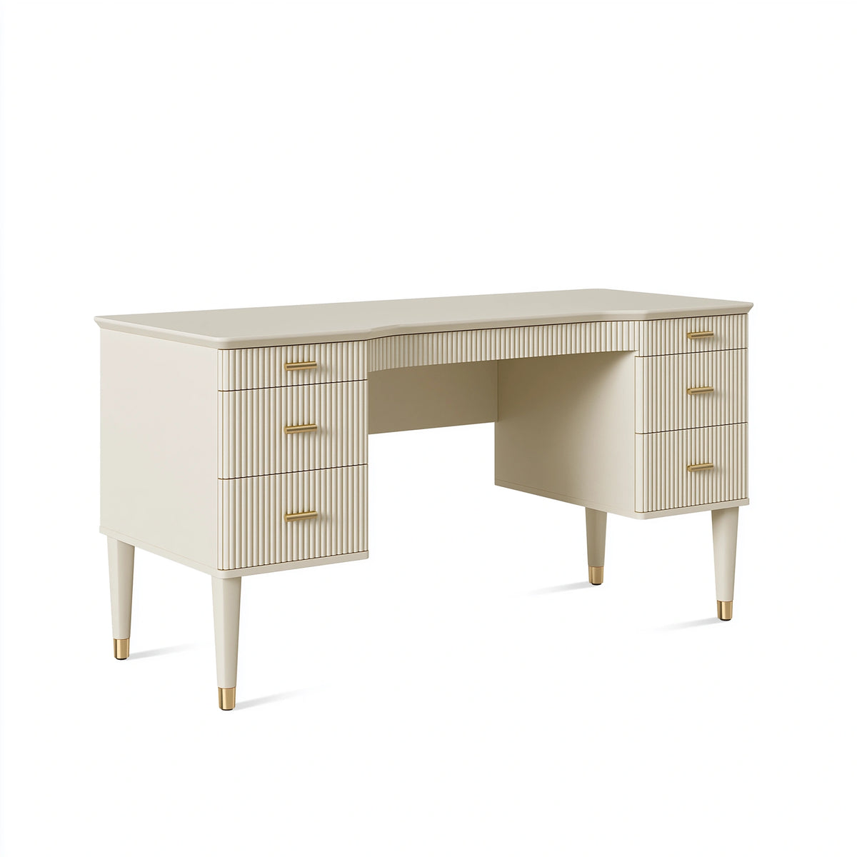Bureau 140 x 60 cm en bois d ingénierie blanc crème avec 7 tiroirs style contemporain