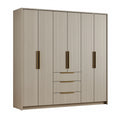 Armoire de rangement 240 x 60 x 220 cm en bois beige et doré à 6 portes et 3 tiroirs style contemporain