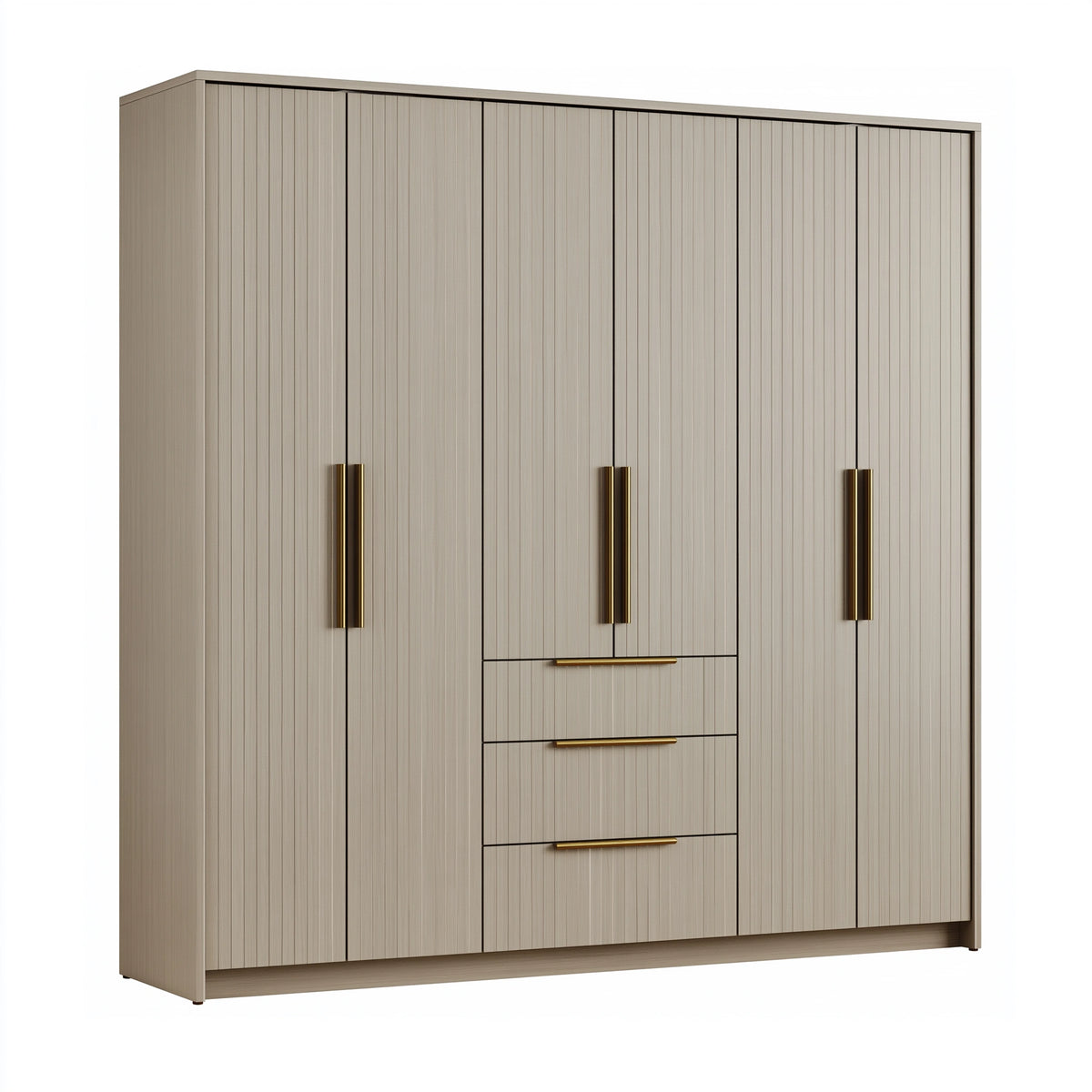 Armoire de rangement 240 x 60 x 220 cm en bois beige et doré à 6 portes et 3 tiroirs style contemporain