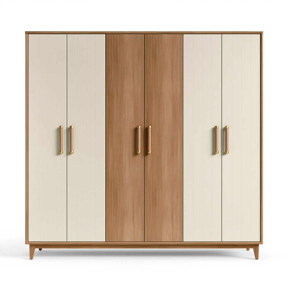 Armoire 6 portes 240 x 60 x 200 cm finition bois noyer et beige style contemporain